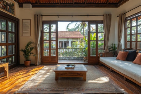 A spacious bedroom showcases large windows allowing natural light to fill the room. The decor features wooden furniture, a cozy chair, and warm-toned accents for a welcoming atmosphere.の素材