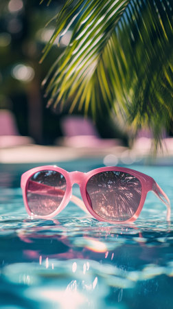 Bright pink sunglasses rest on the clear water of a swimming pool. Lush palm leaves provide a tropical backdrop to this relaxing summer scene, evoking a sense of leisure and vacation.の素材