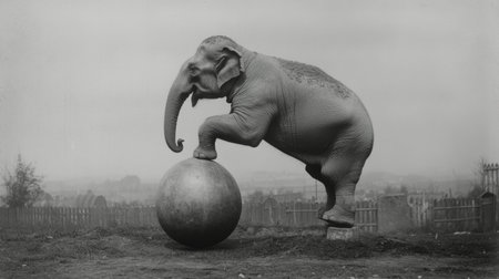 A young elephant performs a balancing act by standing on a large red ball in a dark circus setting. Colorful curtains and spotlights enhance the atmosphere of the performance.の素材