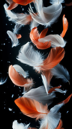 Delicate feathers in shades of orange, black, white, and gray are scattered artfully on a bright background, showing their intricate textures and colors in a pleasing arrangement.の素材