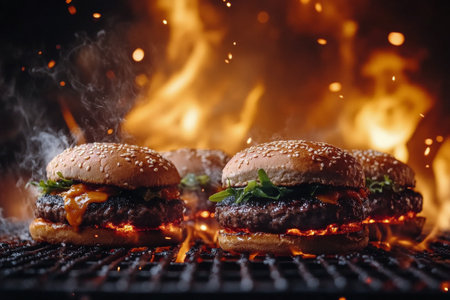 Thick, juicy hamburgers are sizzling on a hot grill, sending up smoke and flames. The setting is vibrant, emphasizing a lively summer barbecue atmosphere and the delicious cooking process.の素材