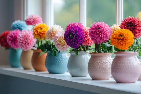 Brightly colored ranunculus flowers in various shades are neatly arranged in pots on a wooden shelf. The vibrant display adds a cheerful atmosphere to the space.の素材