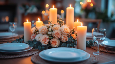 Elegant table is beautifully set with white plates and candles surrounded by fresh roses. Soft light creates a romantic atmosphere in the restaurant during evening hours.の素材