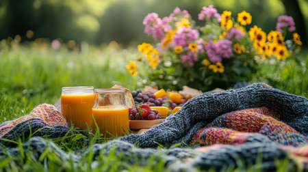 Two glasses of fresh juice sit beside a variety of fruits on a cozy blanket in a vibrant park. Colorful flowers bloom in the background on a sunny day.の素材