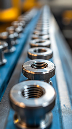 Intricately threaded metal bolts are carefully aligned on a precision machinery piece in a workshop. The focus is on the craftsmanship and detail of the components.の素材