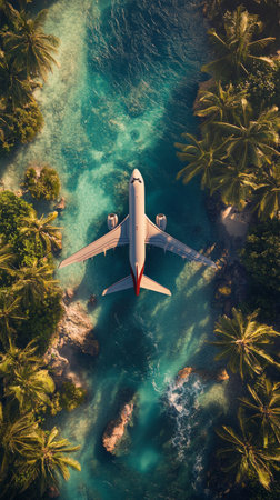 An airplane glides above a narrow waterway surrounded by vibrant green palm trees, showing the beauty of a tropical landscape.の素材