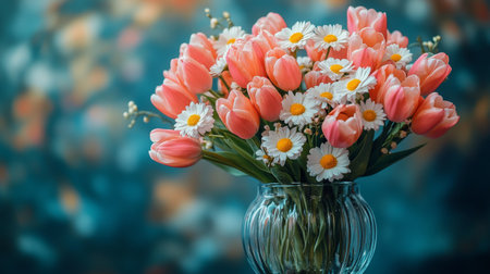 A vibrant bouquet pink features and white tulips alongside bright white daisies in a clear glass vase. These flowers create a cheerful atmosphere in a softly lit room.の素材