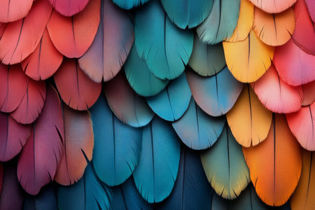 A close-up perspective of feathers displaying a rich mix of colors, patterns, and textures. The unique designs illustrate the beauty and complexity found in wildlife.の素材