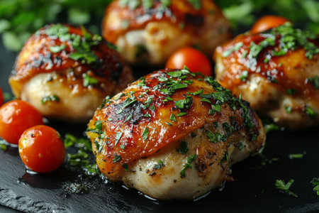 Tender grilled chicken breast is garnished with roasted cherry tomatoes and fresh herbs. The dish is served on a sleek black plate, highlighting its vibrant colors.の素材