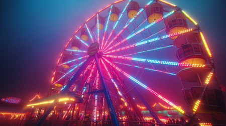 A large Ferris wheel with vibrant lights stands tall over an empty fairground during a winter festival night. Colorful decorations adorn nearby stalls, reflecting on wet pavement.の素材