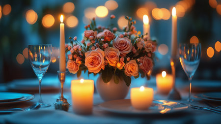 Elegant table is beautifully set with white plates and candles surrounded by fresh roses. Soft light creates a romantic atmosphere in the restaurant during evening hours.の素材