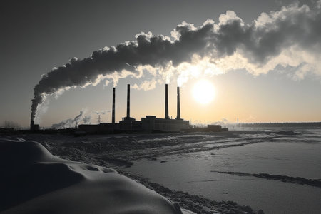 A vibrant sunset illuminates a snowy street, casting an orange glow while smoke billows from a nearby factory. The scene captures a cold winter evening atmosphere.の素材