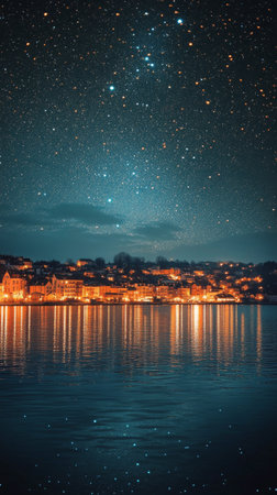 A breathtaking view of a starry night sky reflecting on serene waters. The shoreline is glowing with lights from nearby buildings, creating a tranquil atmosphere.の素材