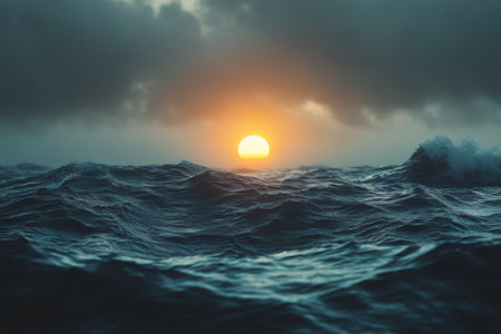 Dramatic sunset casts a warm glow over the choppy ocean waves as dark clouds loom in the sky. The contrast creates a moody atmosphere at twilight.の素材