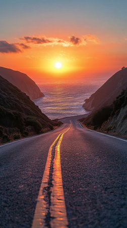 Vibrant sunset colors illuminate the sky as the sun sets over the ocean, viewed from a scenic coastal road. The horizon blends hues of orange and pink with soft clouds.の素材
