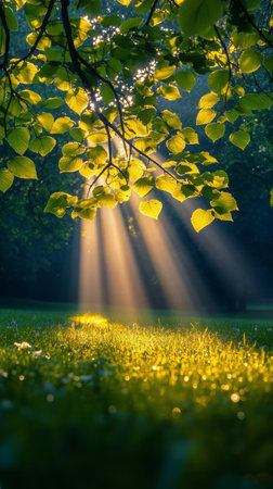 Rays of sunlight break through the lush green leaves, casting a warm glow on the vibrant grass below. This tranquil moment captures the beauty of nature at dawn.の素材