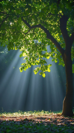 Rays of sunlight break through the lush green leaves, casting a warm glow on the vibrant grass below. This tranquil moment captures the beauty of nature at dawn.の素材
