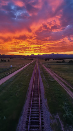 Railway tracks lead towards a stunning sunset, with brilliant oranges and yellows illuminating the sky. The peaceful rural landscape features green fields and distant trees.の素材