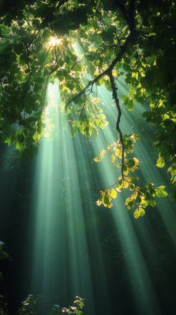 Rays of sunlight break through the lush green leaves, casting a warm glow on the vibrant grass below. This tranquil moment captures the beauty of nature at dawn.の素材