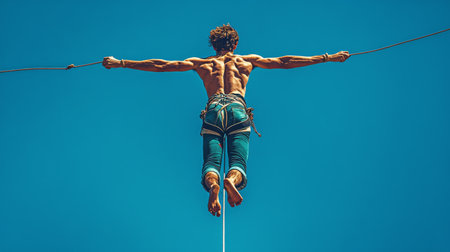 A performer balances skillfully on a high wire, arms outstretched. The backdrop features a vibrant blue sky, highlighting the intensity of the act.の素材