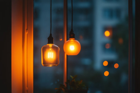 Warm, soft light from intricately designed hanging lamps creates a cozy ambiance in a stylish indoor setting during twilight. Greenery enhances the inviting atmosphere.の素材