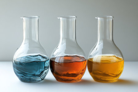 Three glass bottles filled with vibrant liquids are arranged on a surface in a laboratory. The colors are pink, green, and orange, creating an eye-catching visual effect.の素材