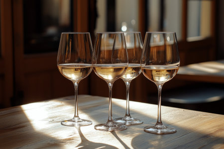 Four wine glasses filled with white wine are arranged neatly on a wooden table, illuminated by soft sunlight filtering through nearby windows, creating a warm atmosphere.の素材