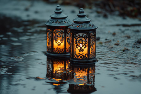 Two decorative lanterns emit a warm glow on a rain-soaked street. Their light reflects on the wet pavement, creating a serene and tranquil atmosphere during the evening.の素材