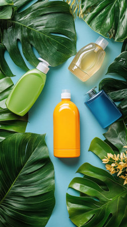 Brightly colored cleaning supplies in various shapes are strategically placed among lush tropical leaves. This setup highlights eco-friendly options for home care.の素材