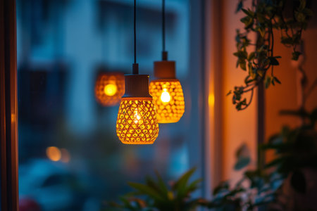 Warm, soft light from intricately designed hanging lamps creates a cozy ambiance in a stylish indoor setting during twilight. Greenery enhances the inviting atmosphere.の素材