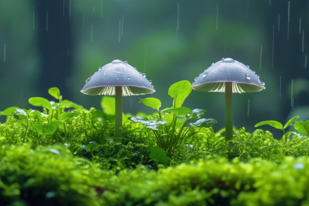 Two white mushrooms stand tall on a bed of vibrant green moss in a peaceful forest. Sunlight filters through the trees, creating a serene atmosphere.の素材