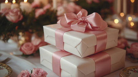 Two elegantly wrapped gifts adorned with pink ribbons sit atop a beautifully set table. Surrounding them are pink roses and soft candlelight, creating a warm festive atmosphere.の素材