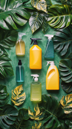 Brightly colored cleaning supplies in various shapes are strategically placed among lush tropical leaves. This setup highlights eco-friendly options for home care.の素材