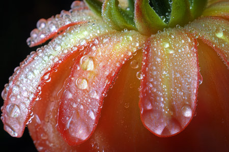 A ripe tomato covered in water droplets sits on a kitchen counter, showing its vibrant red color and fresh appearance, surrounded by blurred green plants.の素材
