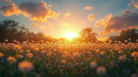 Golden sunlight illuminates a field filled with dandelions, casting a warm glow across the landscape. Soft clouds drift in the sky, enhancing the serene atmosphere of early morning.の素材