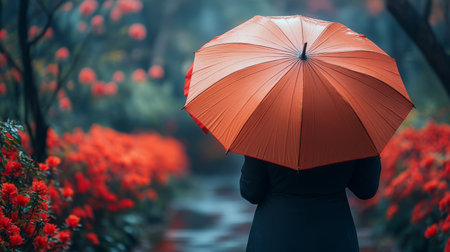 A woman stands in a garden filled with blooming flowers, holding a brown umbrella. The sunlight creates a warm glow as she enjoys the tranquil setting during sunset.の素材