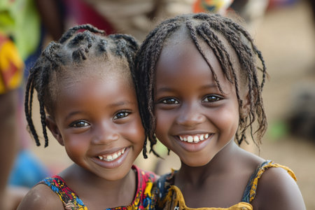 Two young girls with beaming smiles embrace each other in a lively outdoor setting. Sunlight highlights their joyful expressions and playful spirit, capturing a heartwarming moment of friendship.の素材