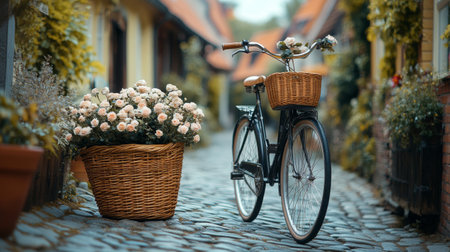 A bicycle rests beside a woven basket of roses on a cobblestone street lined with charming houses. Lush greenery enhances the picturesque atmosphere, inviting leisurely strolls.の素材