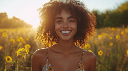 A woman stands in a vibrant sunflower field, her curly hair glowing in the sunlight. She beams with a bright smile, surrounded by natures beauty during a warm evening.の素材