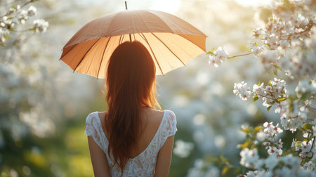 A woman stands in a garden filled with blooming flowers, holding a brown umbrella. The sunlight creates a warm glow as she enjoys the tranquil setting during sunset.の素材