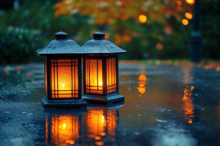 Two decorative lanterns emit a warm glow on a rain-soaked street. Their light reflects on the wet pavement, creating a serene and tranquil atmosphere during the evening.の素材