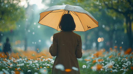 A woman stands in a garden filled with blooming flowers, holding a brown umbrella. The sunlight creates a warm glow as she enjoys the tranquil setting during sunset.の素材
