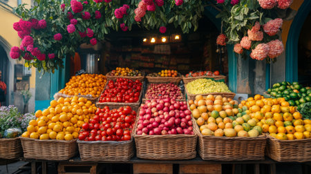 Fresh fruits of various colors are displayed in woven baskets at a bustling market. Bright flowers hang above, creating a cheerful atmosphere. Shoppers explore the vibrant offerings.の素材