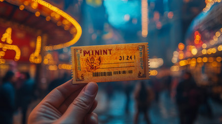 A hand holds a vintage carnival ticket featuring intricate details, surrounded by lively street decorations. Colorful lights illuminate the bustling evening atmosphere, reflecting a festive spirit.の素材