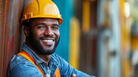 A construction worker poses with a smile at a building site. He wears a hard hat and a yellow jacket while leaning against wooden structures in the background.の素材