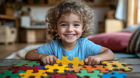 A cheerful young boy sits at a wooden table with various colorful puzzle pieces scattered around him while he focuses on assembling them, enjoying his playful activity.の素材