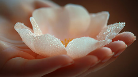 A delicate orange flower is held gently in an open hand, glistening with drops of water. The background features a blurred pastel garden scene, creating a serene moment in nature.の素材