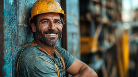 A construction worker poses with a smile at a building site. He wears a hard hat and a yellow jacket while leaning against wooden structures in the background.の素材
