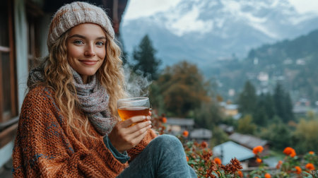 A woman sits on a comfortable chair in a lush mountain retreat, sipping a drink while admiring vibrant flowers and the breathtaking landscape of mountains and valleys in the distance.の素材