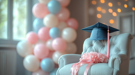 A graduation cap rests on a white chair adorned with a pink bow, surrounded by colorful balloons in shades of blue and pink.の素材